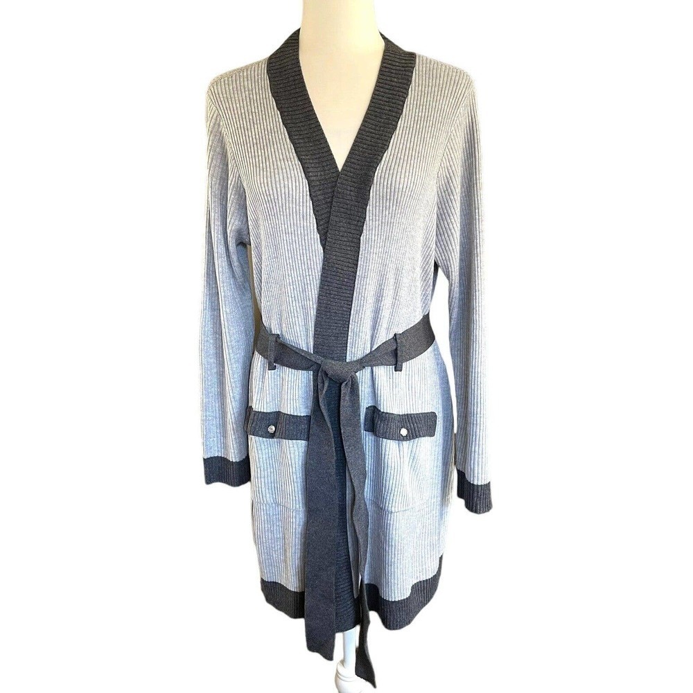 Belldini Women's Knit Sweater Gray Tie Cardigan Sz 1X Classic Career Casual